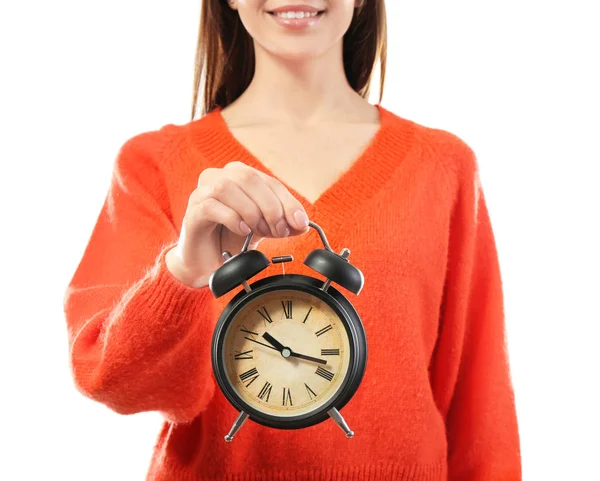 Femme avec horloge sur fond blanc. Concept de gestion du temps — Photo