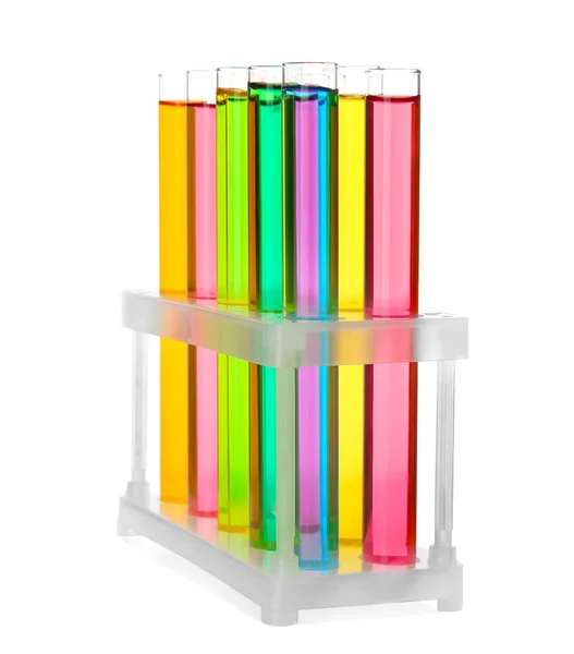 Test tubes with colorful samples on white background — Stock Photo, Image