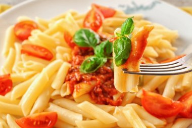 Domates Sos, closeup ile lezzetli makarna yemek