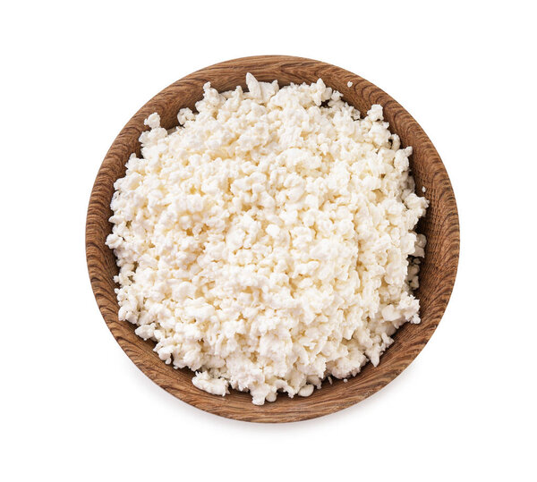 Bowl with tasty cottage cheese on white background