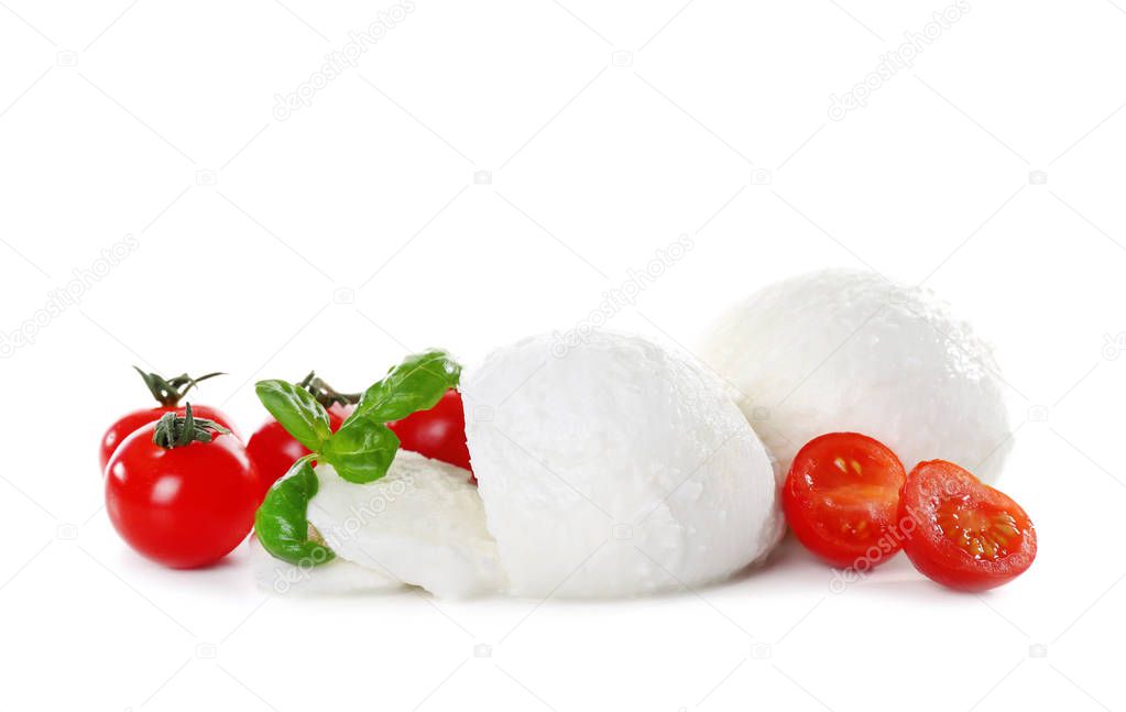 Mozzarella cheese, cherry tomatoes and basil on white background