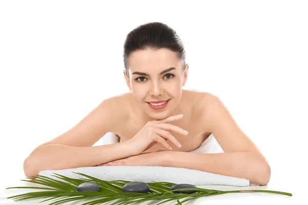 Young woman relaxing on white background. Spa treatment — Stock Photo, Image