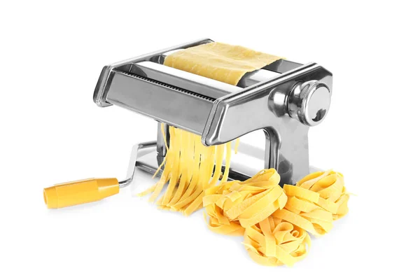 Metal pasta machine with dough on white background — Stock Photo, Image