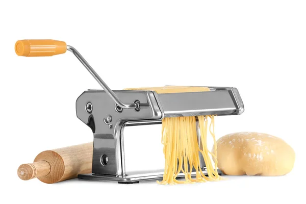 Metal pasta machine with dough on white background — Stock Photo, Image