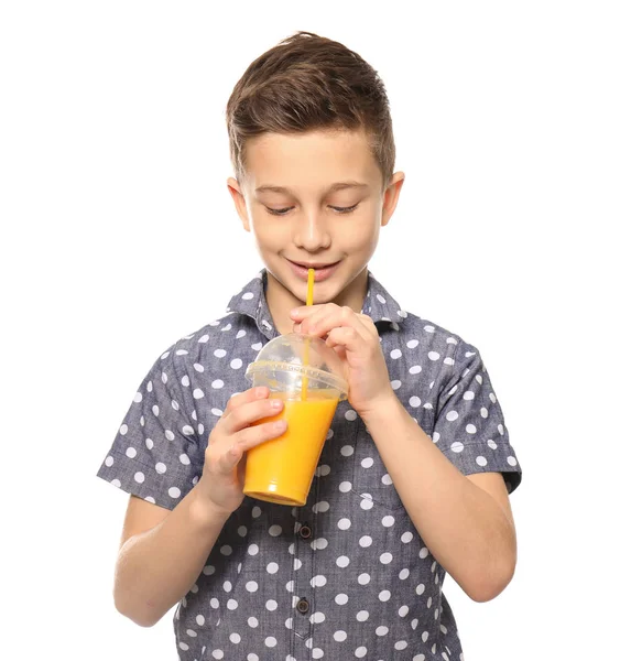 Funny little boy with citrus juice on white background — Stock Photo, Image