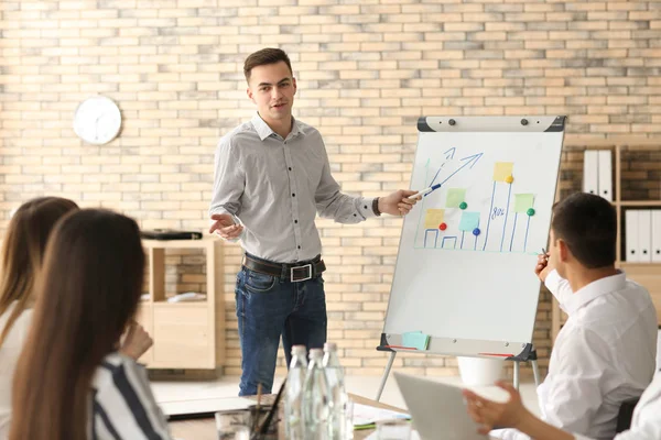 Young man giving presentation during business meeting in office — Stock Photo, Image