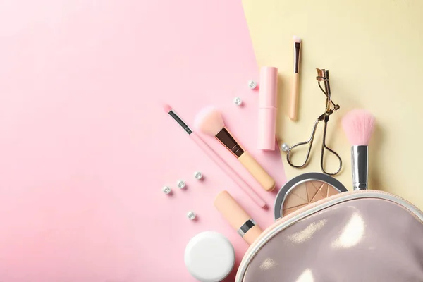 Flat lay composition with decorative cosmetics on color background — Stock Photo, Image