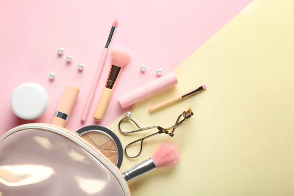 Flat lay composition with decorative cosmetics on color background — Stock Photo, Image