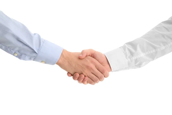 Two young men shaking hands on white background — Stock Photo, Image