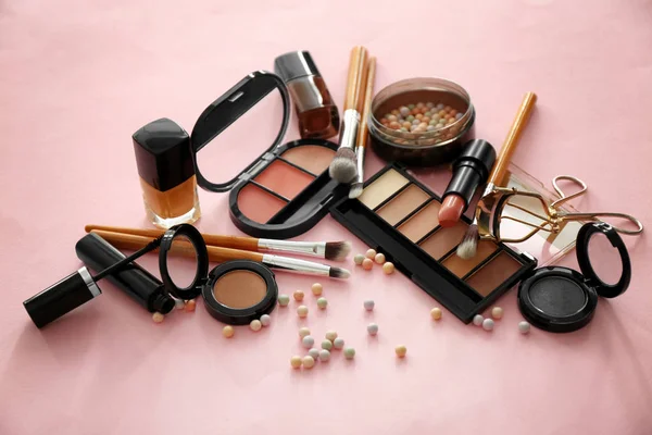 Set of cosmetic products on color background — Stock Photo, Image
