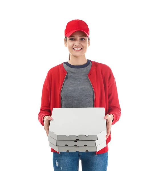 Lieferantin mit Pizzakartons auf weißem Hintergrund — Stockfoto