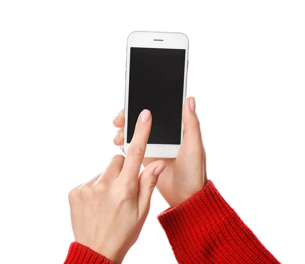 Young woman using phone on white background — Stock Photo, Image