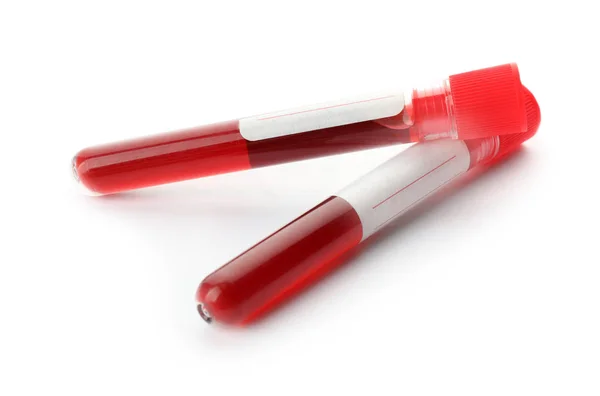 Tubos de ensaio com amostras de sangue sobre fundo branco — Fotografia de Stock