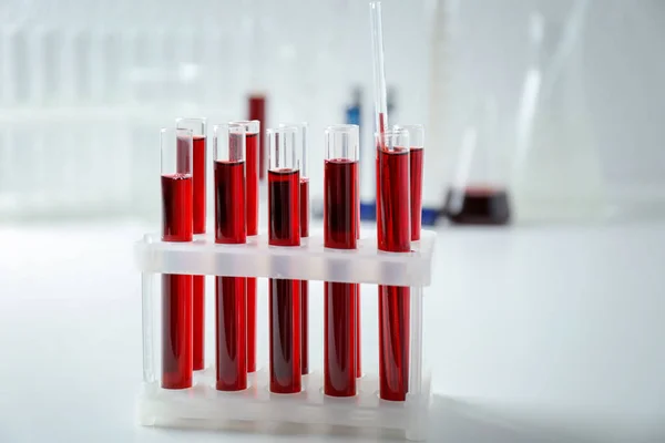 Test tubes with blood samples in holder on table — Stock Photo, Image