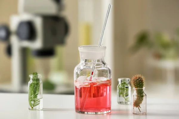 Vidros químicos com plantas à mesa em laboratório — Fotografia de Stock