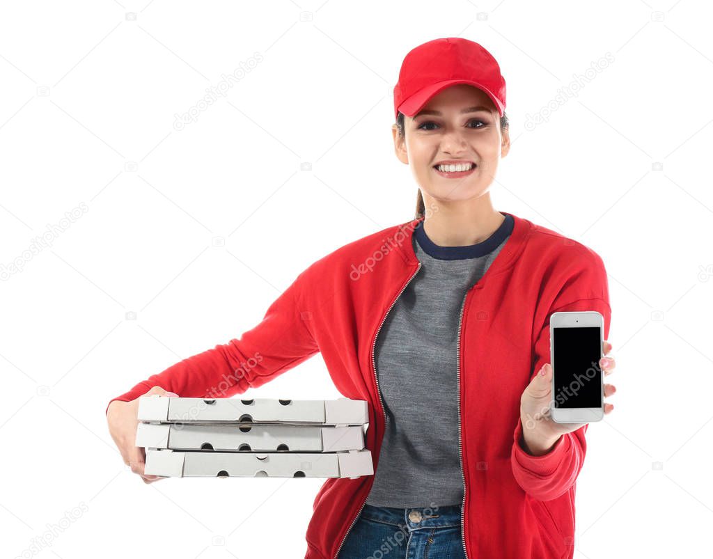 Delivery woman with cardboard pizza boxes and phone on white background