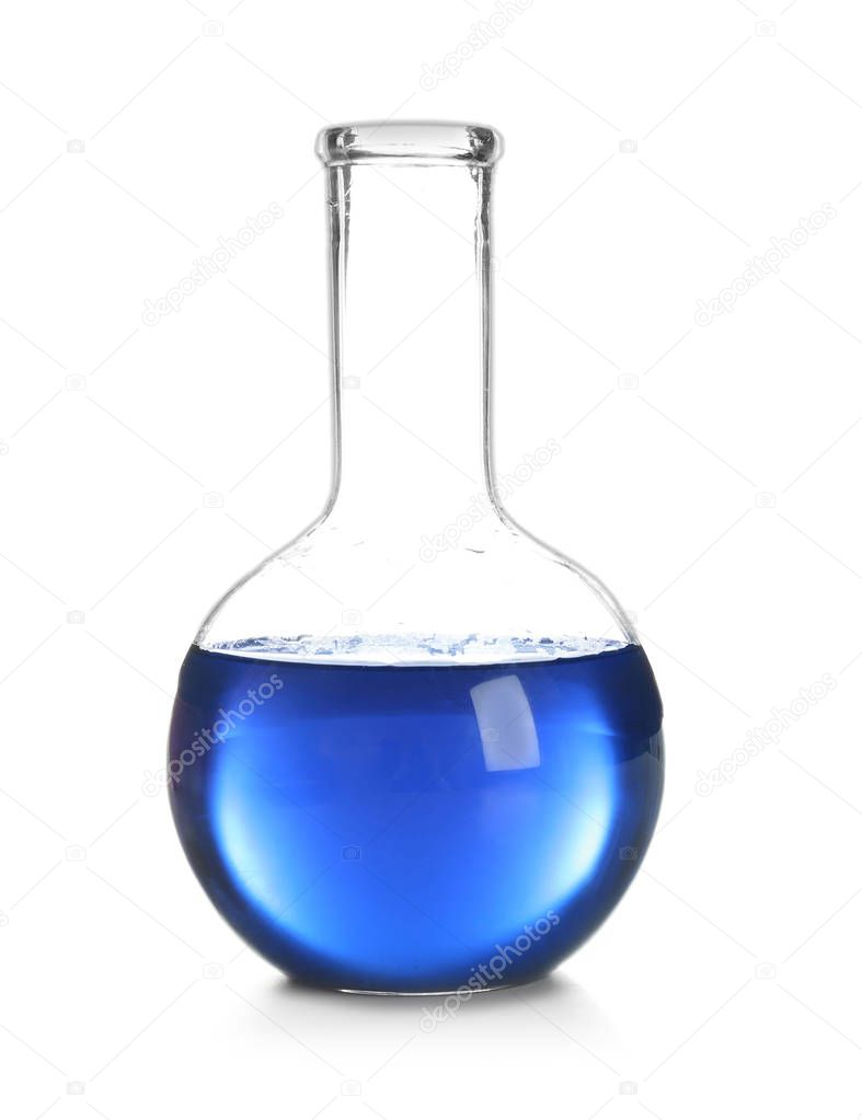 Flask with blue liquid on white background