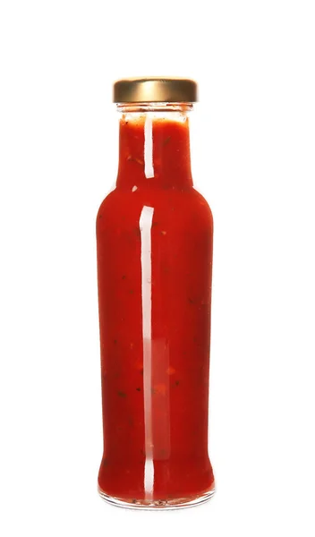 Botella con sabrosa salsa boloñesa sobre fondo blanco — Foto de Stock