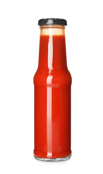Bottiglia con gustosa salsa ketchup su sfondo bianco — Foto Stock