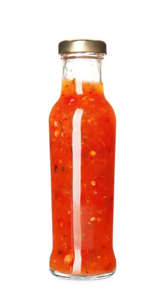 Flasche mit leckerer Sauce auf weißem Hintergrund — Stockfoto