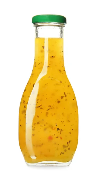 Flaska med smakrik sås på vit bakgrund — Stockfoto