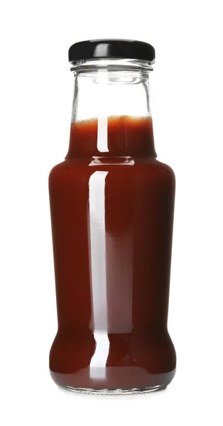 Beyaz zemin üzerine lezzetli barbekü sosu şişesiyle — Stok fotoğraf