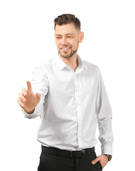 Fiatal üzletember használ virtuális képernyő fehér háttér — Stock Fotó