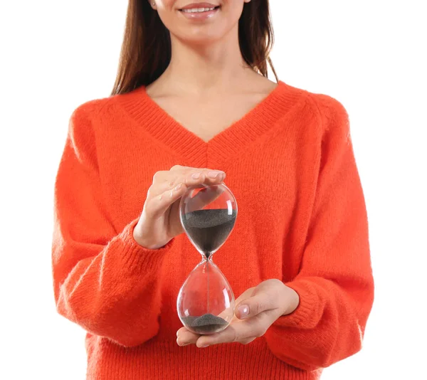 Woman holding hourglass on white background. Time management concept — Stock Photo, Image
