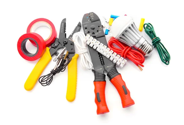 Electrician's supplies on white background — Stock Photo, Image