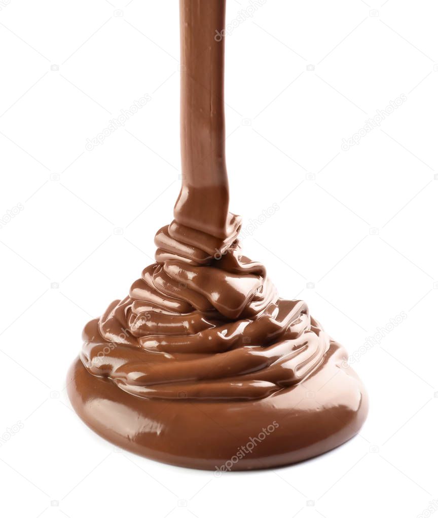Pouring delicious molten chocolate on white background