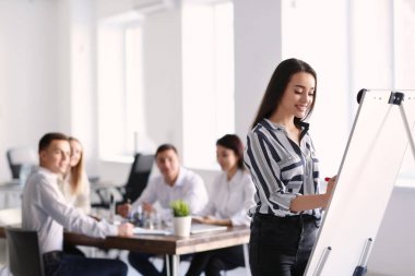 Genç kadın ofiste iş toplantısı sırasında sunu