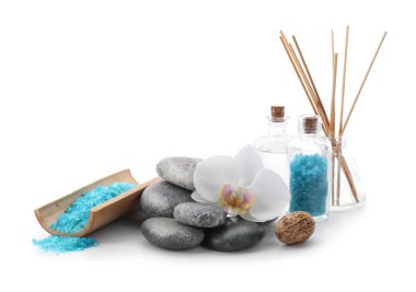 Deniz tuzu ve taşlar beyaz arka plan üzerinde güzel spa kompozisyonu
