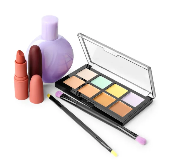 Set of decorative cosmetics with brushes on white background — Stock Photo, Image