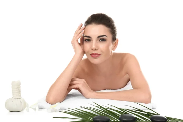 Young woman relaxing on white background. Spa treatment — Stock Photo, Image