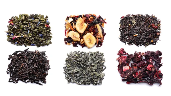 Verschillende soorten thee op witte achtergrond — Stockfoto