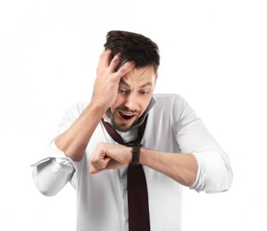 Onun beyaz zemin üzerine bakarak iş adamı. Zaman yönetimi kavramı