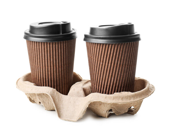 Takeaway cups for drinks on white background. Food delivery service