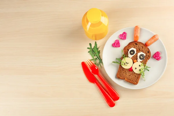 stock image Creative breakfast for children on plate. Recipe ideas with bread