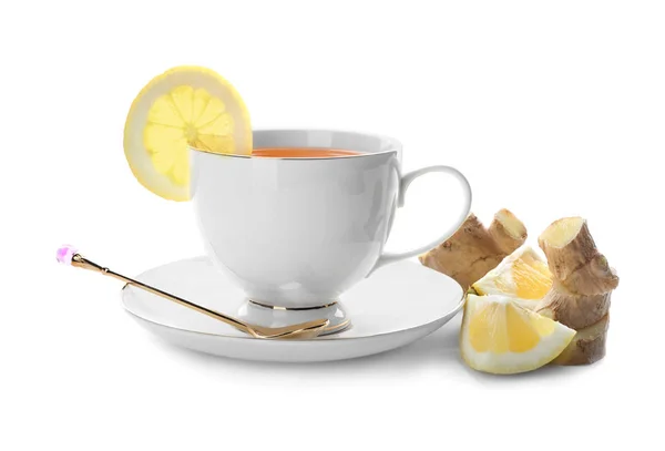 Cup of delicious tea with ginger and lemon on white background — Stock Photo, Image