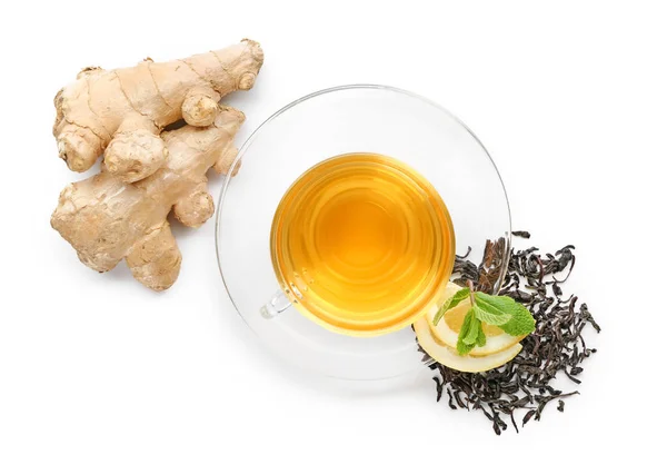 Cup of delicious tea with ginger and lemon on white background — Stock Photo, Image