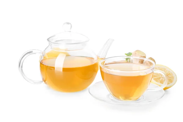 Delicious tea with lemon and ginger on white background — Stock Photo, Image