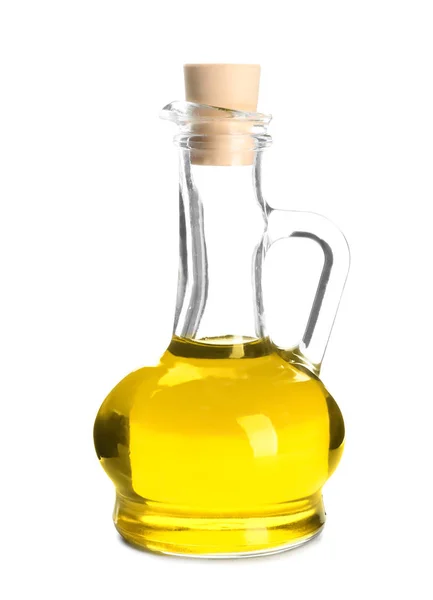 Olio d'oliva fresco in bottiglia su fondo bianco — Foto Stock