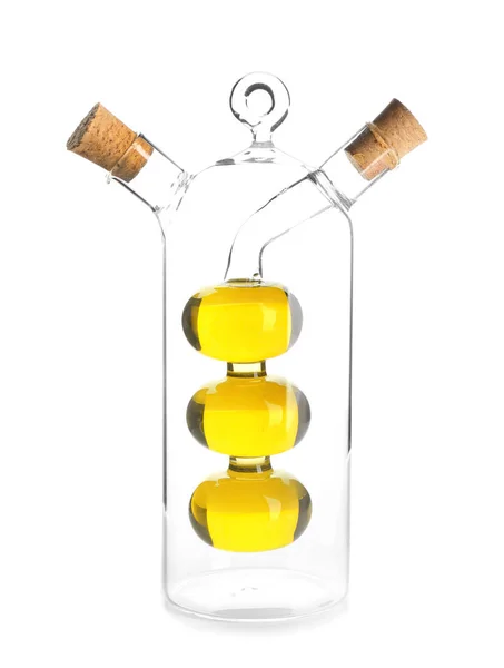 Huile d'olive fraîche en bouteille sur fond blanc — Photo
