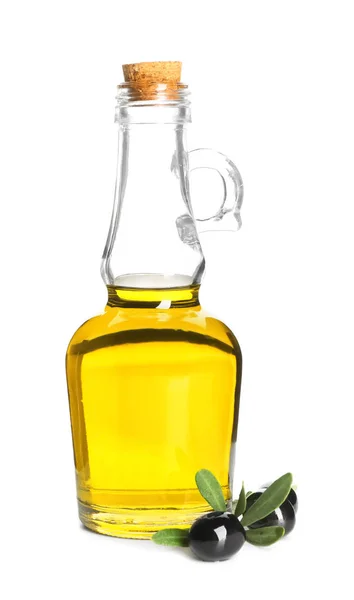 Fresh olive oil in jug and black olives on white background — Stock Photo, Image