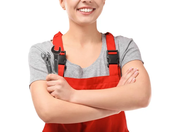 Female car mechanic with tools on white background, closeup — Stock Photo, Image