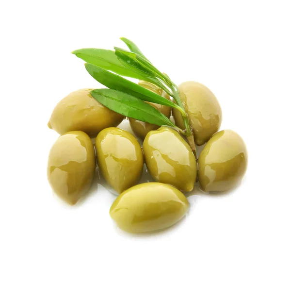 Canned olives on white background — Stock Photo, Image