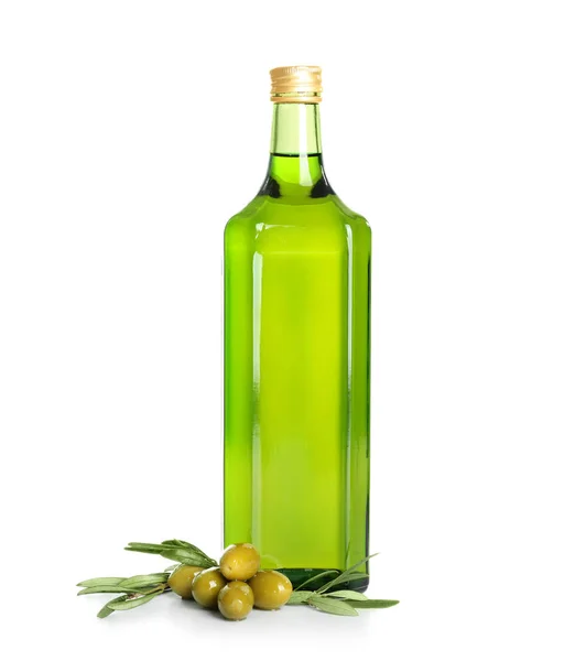 Botella con aceite de oliva sobre fondo blanco — Foto de Stock