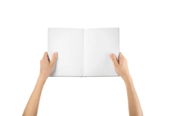 Female hands holding book with blank pages on white background — Stock Photo, Image