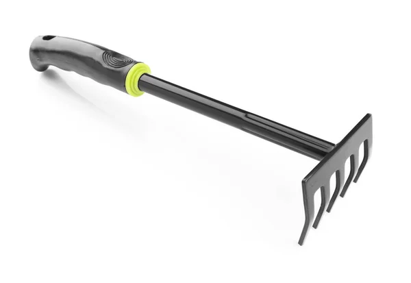 Metal rake for gardening on white background — Stock Photo, Image
