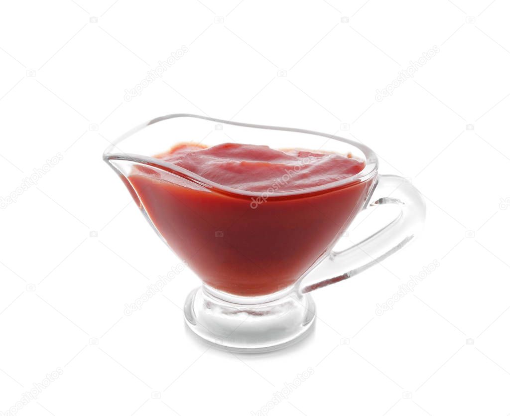 Gravy boat with delicious tomato sauce on white background